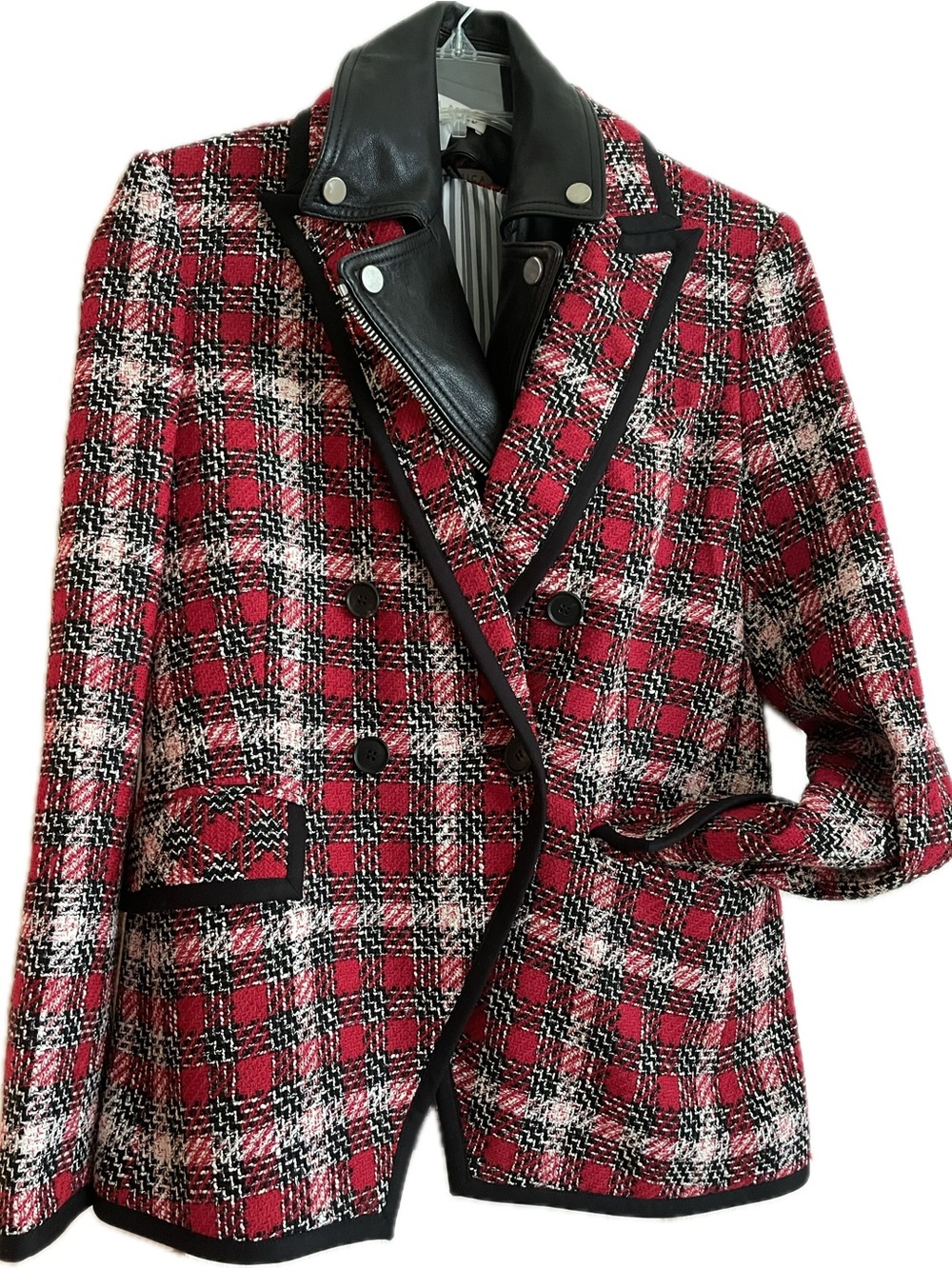 Veronica Beard Red Black Plaid Tweed Double-Breasted Dickey Blazer Size 6